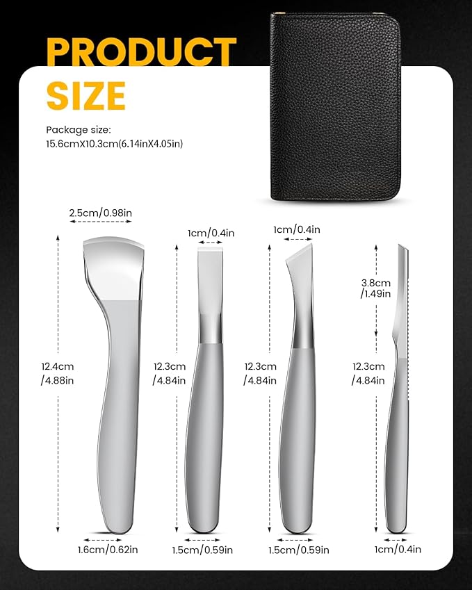 BEZOX 4PCS Pedicure Knife Tools – Professional Ingrown Toenail Removal Kit, Callus Shaver & Corn Scalpel, Foot Peeling Razor Toe Nails Blades (PU Leather Case Included) - Silver