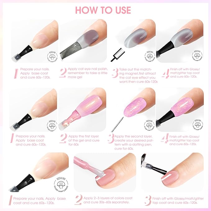 ROSALIND 30pcs Jelly Cat Eye Pearl Gel Polish Set, 26 color Translucent/Magnetic/Shell Swirl Thread Gel Polish Nail with Magnet and Dotting tools Base Glitter Glossy Matte Top Coat Nails Gift