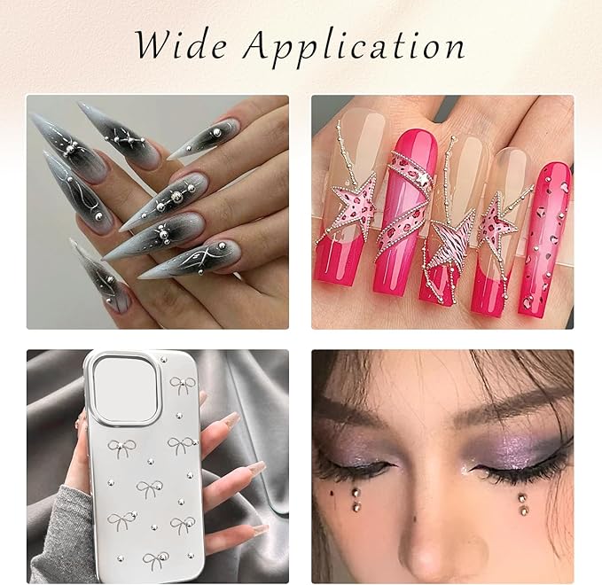 Nail Caviar Beads Set, Mixed Size Silver & Black Metal Alloy Nail Beads for Nail Art, Half-Round Flatback Y2K Nail Decorations Accessories with Tweezers, Professional Manicure Supplies