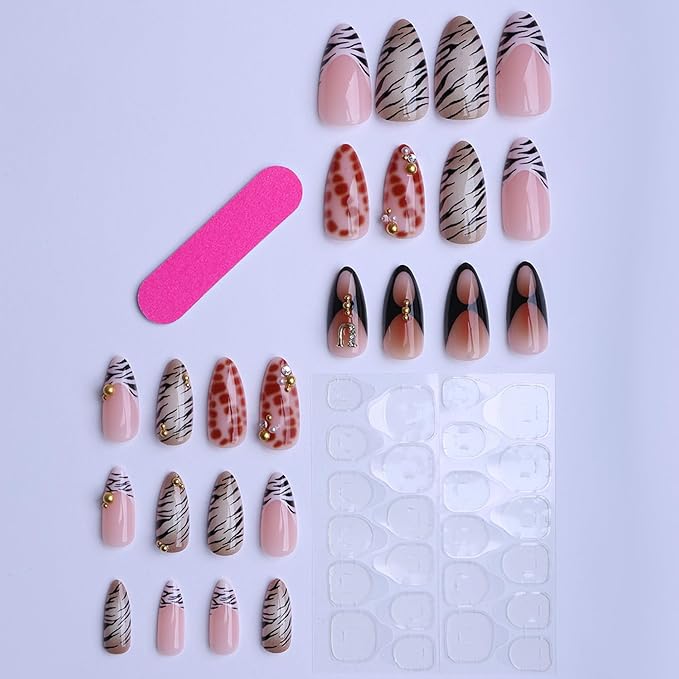 Medium Almond Press on Nails Brown Leopard Stick on Nail for Women 24pcs