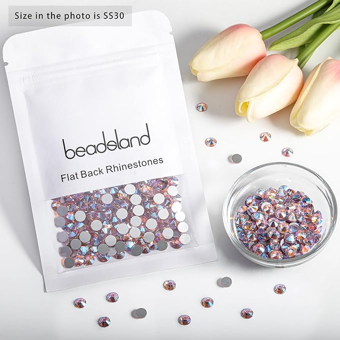 Beadsland Flat Back Crystal Rhinestones Round Gems for Nail Art and Craft Glue Fix, Light Pink AB, 6.3-6.5mm, SS30/288pcs