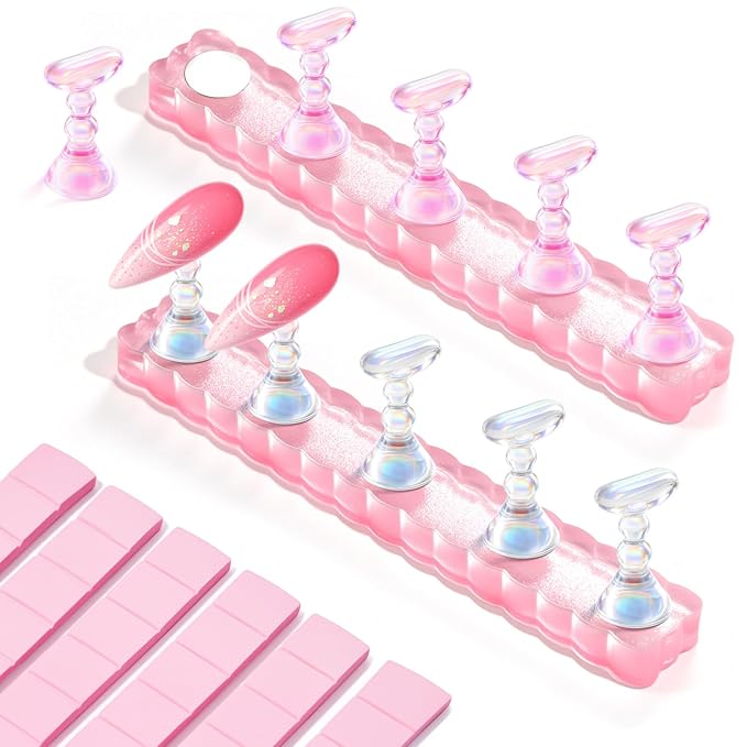 Makartt Nail Holder for Painting Nails: Press on Nails Stand for Art Display Practice, Pink Glitter Magnetic Fake Holders with Reusable Adhesive Putty Nail Art Tool for Home Salon DIY Use