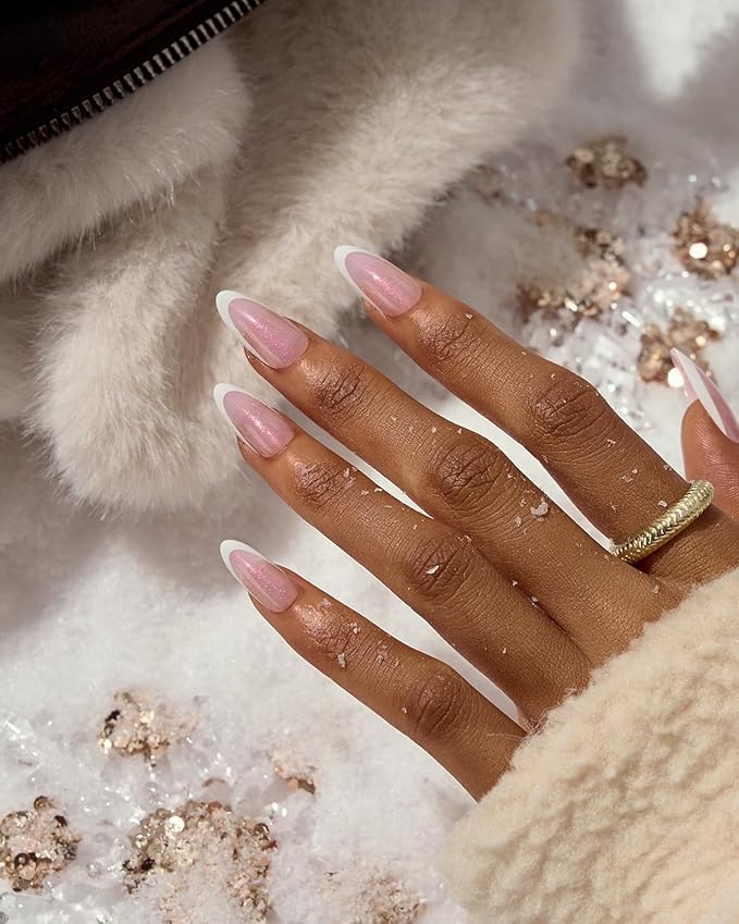 BTArtboxnails XCOATTIPS French Tip Press On Nails - Pink Glitter Base Medium Almond Press On Nails, 90 Pcs Salon Quality Soak Off Soft Gel Nail Tips Extension in 15 Sizes