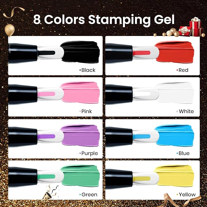 Beetles Nail Stamp Gel 16Pcs French Tip Nail Stamp Kit with 8 Colors Stamper Gel Polish, 5 Nail Stamping Templates, Scrapers, Liquid Latex & Short Silicone Stamper Gift for Women