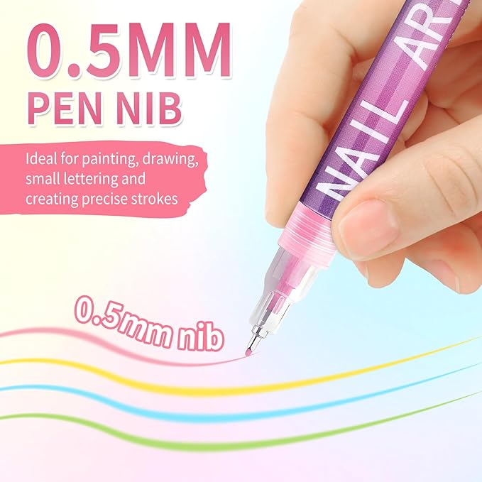 12 Colors Nail Art Pens Set for Girls,Quick Dry Nails Doodle Pens for Girls,Nails Art Marker Pen Fine Tip for Home Salon Nail Art（0.5mm Pen Nib）
