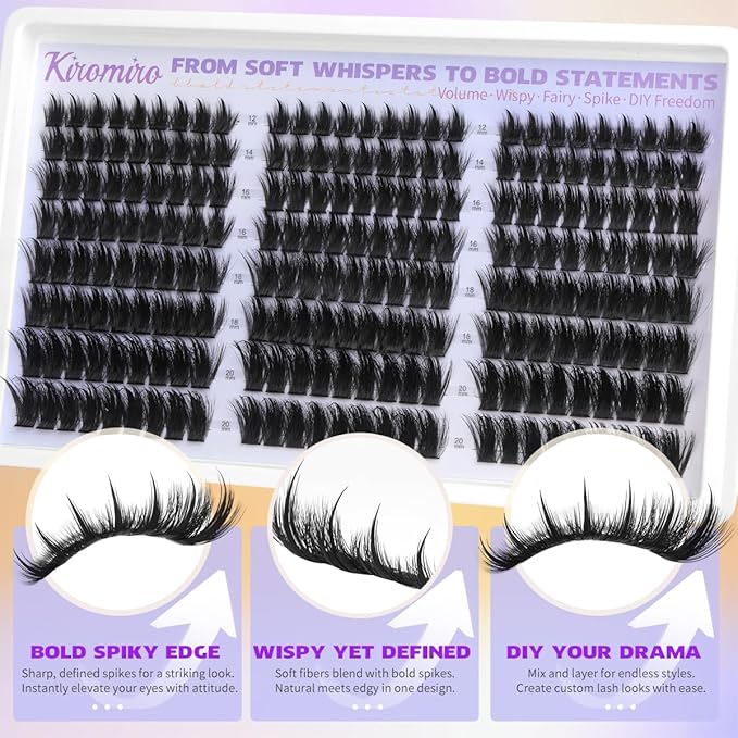 Kiromiro Lash Clusters Kit with Spikes Cluster Eyelash Extensions 12-20mm Fairy Wispy Eyelashes Clusters 216pcs Individual Fluffy DIY Cluster Lashe Kit (Bond and Seal, Tweezers included)