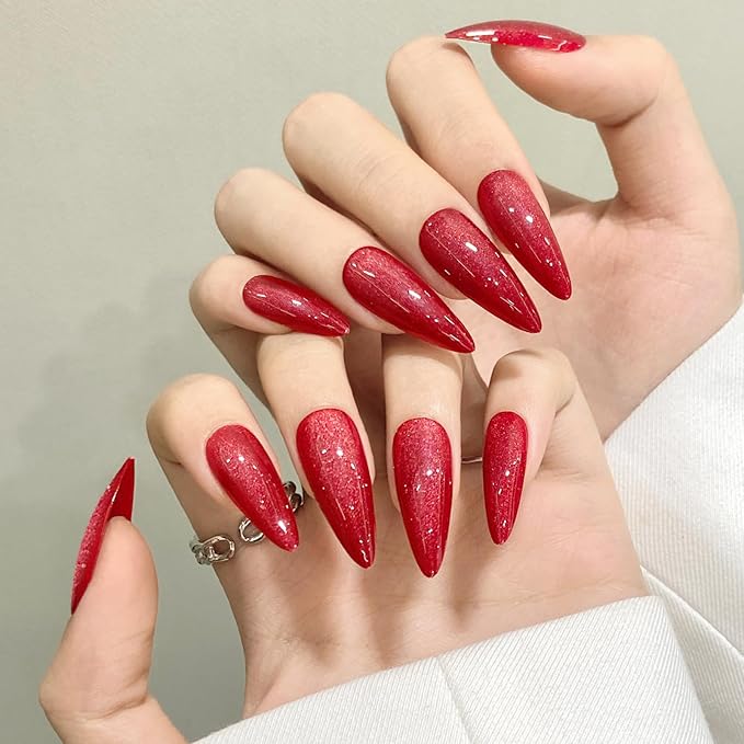Dark Red Almond Cat Eyes Press On Nails,12 Sizes - 24 Pcs Soft Gel Red Medium Fake Nails Kit with Nail Glue, Natural Reusable Stick On False Nails for Women and Girls SK1009