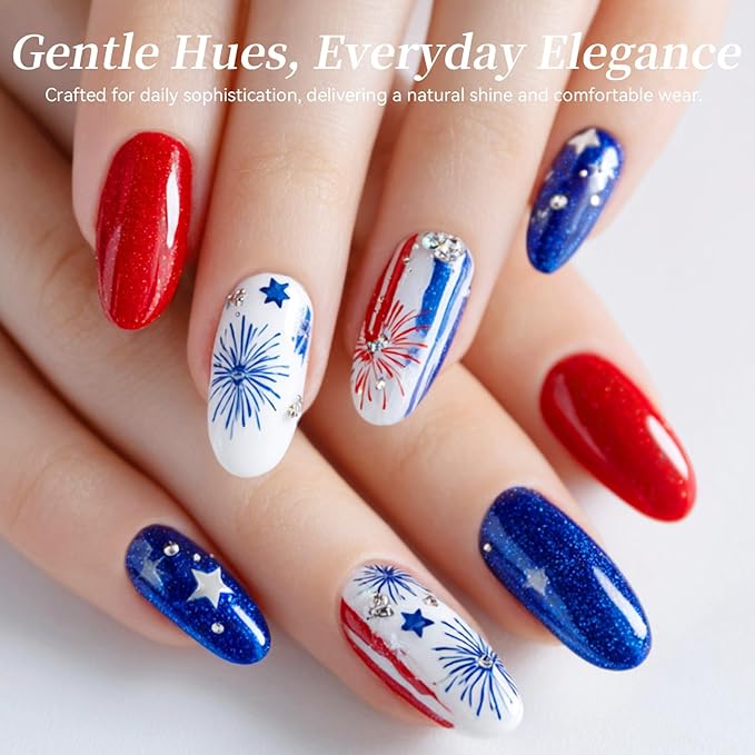 BORN PRETTY 4th of July Gel Nail Polish Set 6 Colors Navy Blue Red White Sliver Shimmer Glitter Gel Polish Soak Off U v Gel Polish Kit for Salon Manicure and Nail Art DIY at Home