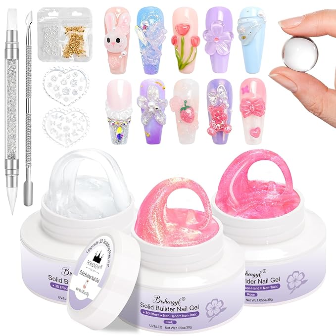 Sculpting Gel for Nail Art BISHENGYF: 30g Sculpting Gel Non-Sticky Clear Rose Pink Aurora Glitter 3D Nail Art Hand Carving U V/LED Extension with 3D Mold
