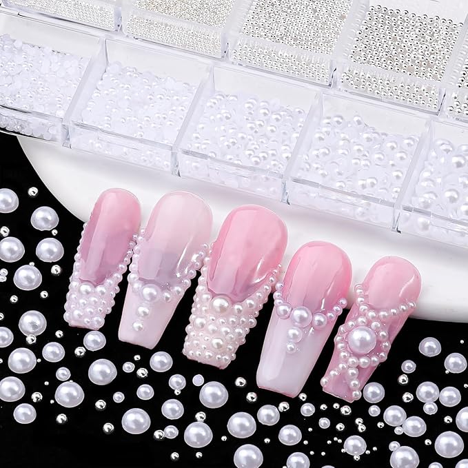 3D Mini Small Caviar Nail Beads Balls, 0.7-2mm Silver Nail Art Beads 1.5-5mm White Nail Pearls Half Round Flatback Pearl Nail Charms with Pickup Tools for Nails Face Eyes Makeup(31-K1-4)