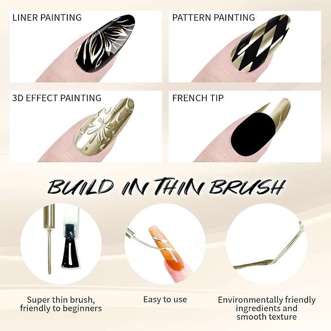 12ml Metallic Painting Gel Liner Nail Art 3D Mirror Chrome Effect Nail Polish Metal Painted Drawing Build in Thin Brush Soak Off UV/LED Bronze Gold Striper Gel for Nail Art Manicure