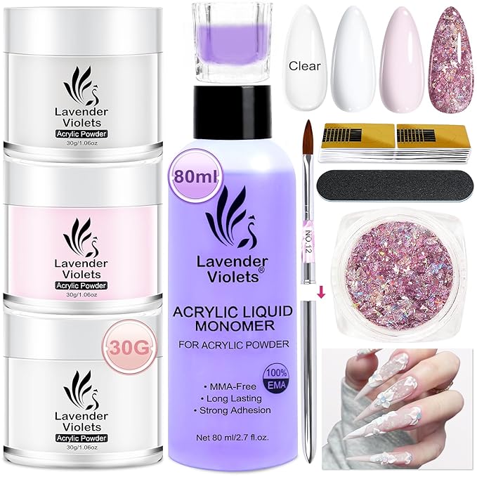 LAVENDER VIOLETS Acrylic Nail Kit - 30g x3 Clear, White, Pink Powder & 80ml Monomer Liquid Set with Carving Brush, Nail Forms, Foil Flakes N302