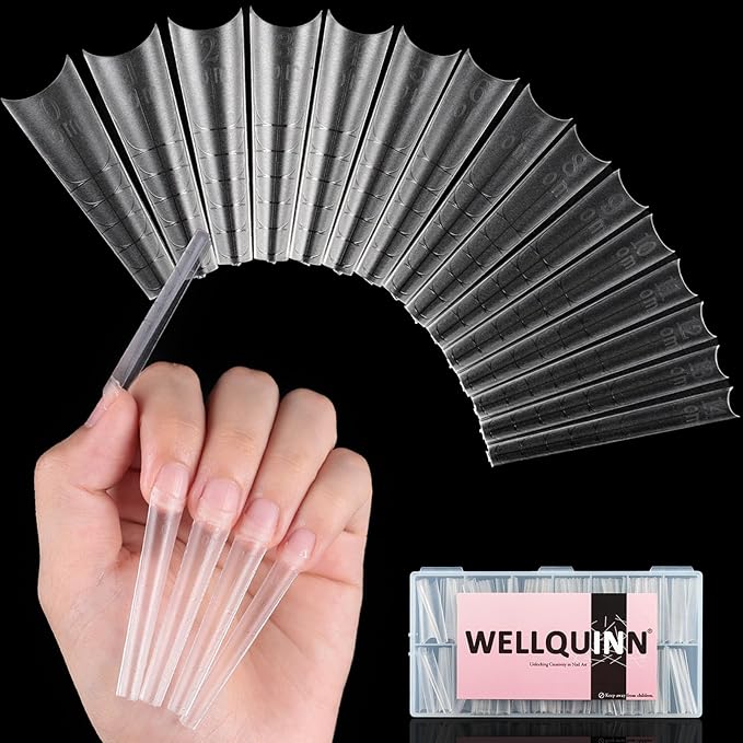 5cm Shallow Cover Nail Tips, D-Arc at the Stress Area, C-Arc Sculpted, Straight Coffin Shape, Can be Filed into Almond Shape, 150Pcs 15 Sizes with Auxiliary Lines