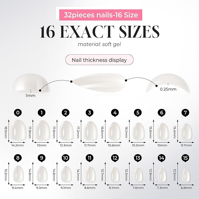 UNA GELLA 32Pcs Soft Gel Press on Nails - 16 Sizes Silver Chrome Mirror Almond Glue on Nails, Reusable Metallic Short Almond False Nails, Full Cover Acrylic Nail Kit for Women DIY Home Manicure