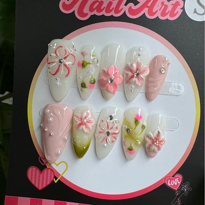 Luxury Press on Nails Medium Almond Handmade 3D Unique Reusable ABS Material Fake Nails White&Pink False Nails with Designs Pink Floral Pearls Glossy Glue on Nail Thick Acrylic Nail(S)