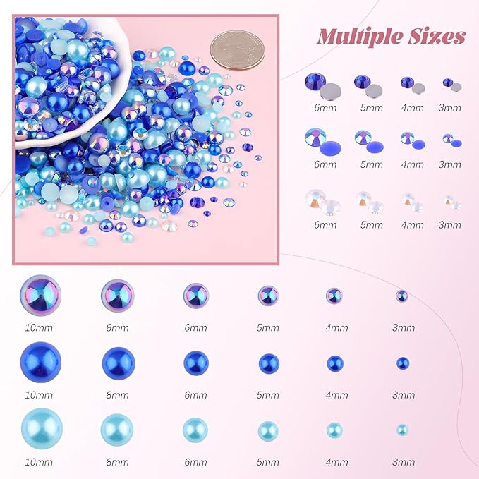 80g Flatback Pearls and Rhinestones for Crafting, Dark Blue Mixed Size 3-10mm Resin Rhinestones and Half Pearls for Bedazzling, Nail Art and Decoration with Tweezer and Pickup Pencil