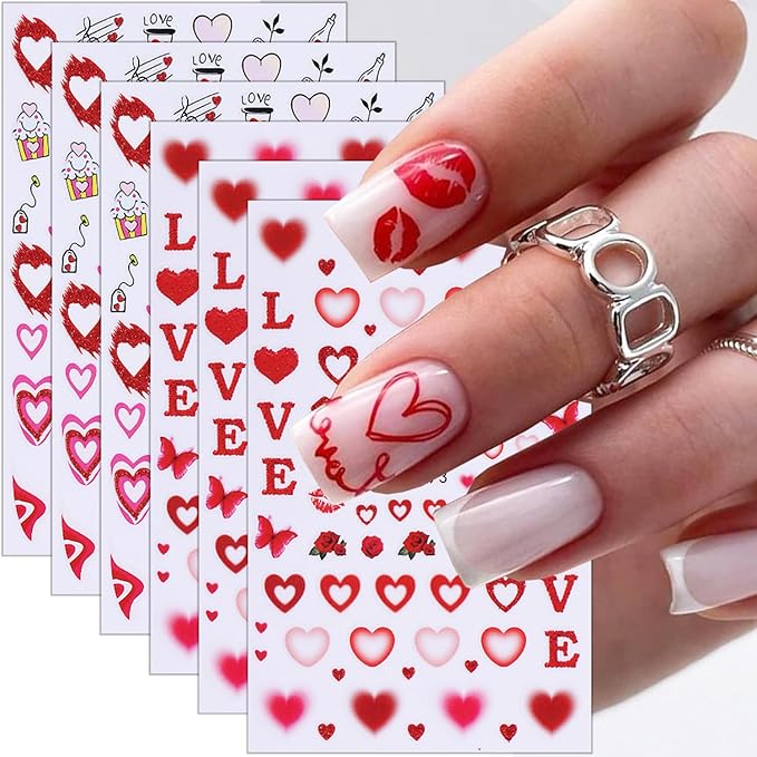6 Sheets Valentines Nail Stickers for Nail Art Romantic Heart Nail Art Stickers Red Lips Rose Nail Decals 3D Self-Adhesive Envelope Love Hearts Valentine Nail Decorations for Women DIY Holiday Nails