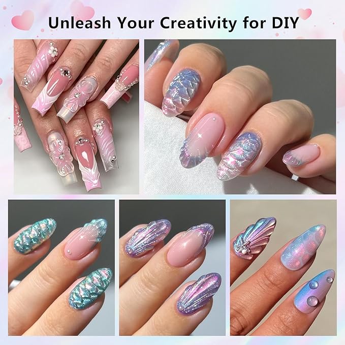 Solid Builder Gel for Nails, 6 Colors Clear and Aurora Mermaid 3D Sculpting Gel Non-Sticky Molding Hard Gels Extension Glue with Silicone Carving Pen Manicure DIY Salon Home