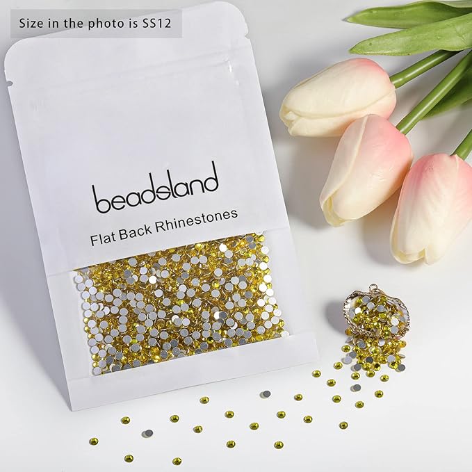 beadsland Flat Back Crystal Rhinestones Round Gems for Nail Art and Craft Glue Fix, Lemon Yellow (2.9-3.0mm) SS12/1440pcs