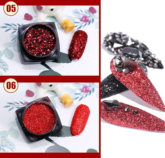 Red Nail Art Glitter Sequins Red Crystal Diamond Sparkly Nail Powder Valentine's Day Nail Supplies New Year Wedding Shiny Nail Flakes for Women Girls Holographic Manicure Tips Charms Pigment 6 Boxes