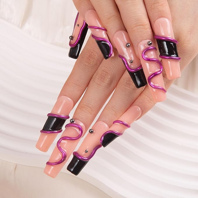 LOVFUL Press on Nails Black Pink| Handmade with Full Covered Crystals| Reusable Fake Nails| Square Mid length 1.7in| H236-M