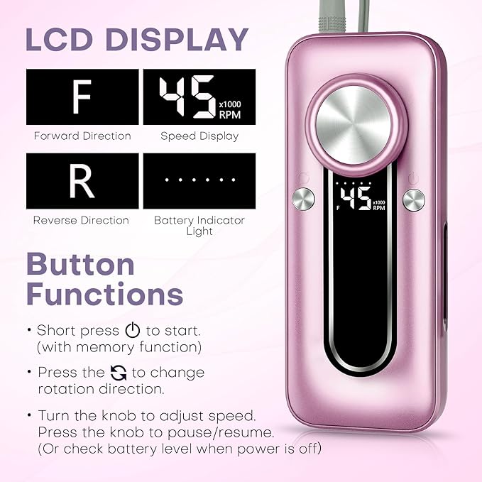 Nail Drill Electric Nail File Kit 45000 RPM Professional Efile Nail Set,Cordless Portable Rechargeable Acrylic Gel Nail Polish Remover Machine Pedicure Manicure Tool with 11 Bits for Salon Home