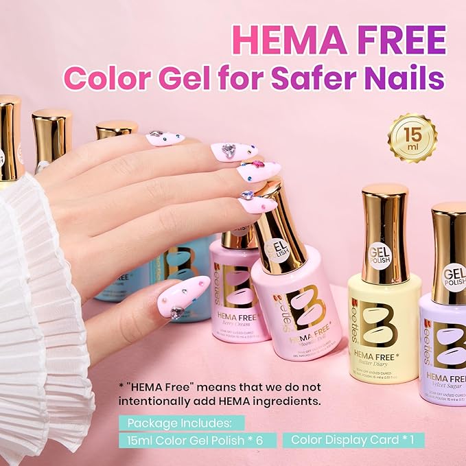 Beetles Pastel Gel Nail Polish Set - Dreamy Dollhouse 6 Colors Hema-Free Gel Nail Kit Spring Pink Yellow Blue Glitter Shimmer Soak Off UV LED DIY Gel Nail Art Gifts for Women