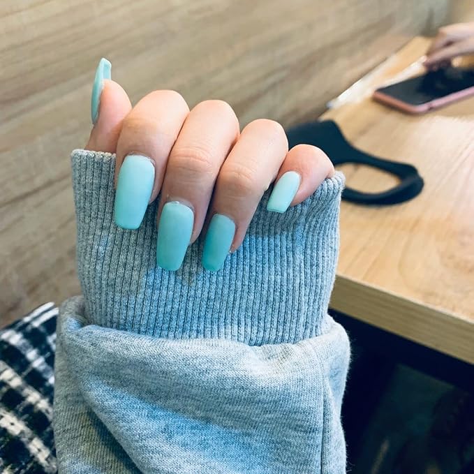 Matte Light Blue Press on Nails, Stiletto Almond Fake Nails, 24Pcs Reusable Artificial Nails for Women