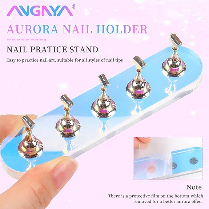 ANGNYA Nail Stand for Press on, 2 Set Aurora Nail Holder for Painting Nails Press on Nail Stands with 96 Pcs Reusable Sticky Putty for Nail Art Display Home & Salon Use