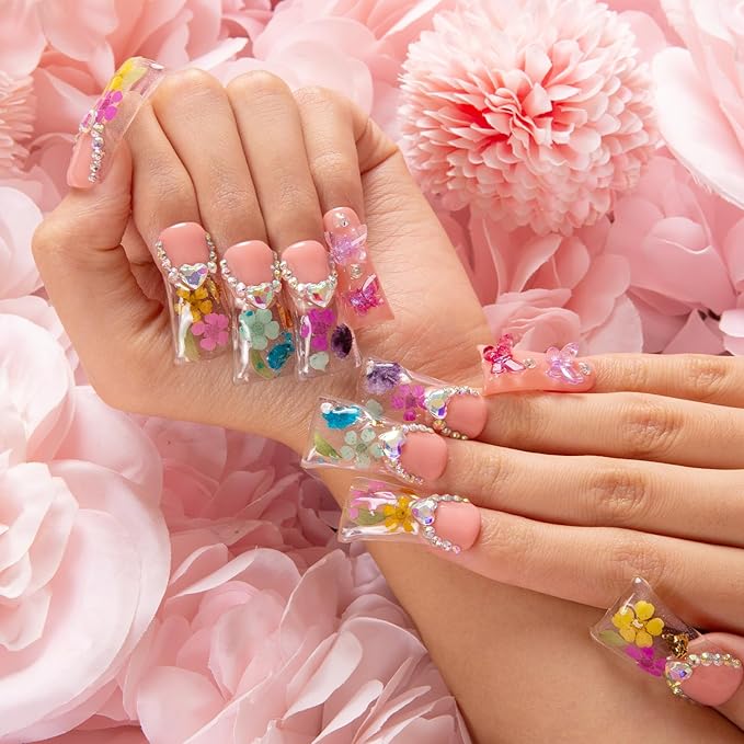 LOVFUL Press on Duck Nails Flora | Salon Quality Handmade Acrylic with Full Covered Crystals | Reusable Fake Nails | Duck Classic Regular 1.3 in | H176-L