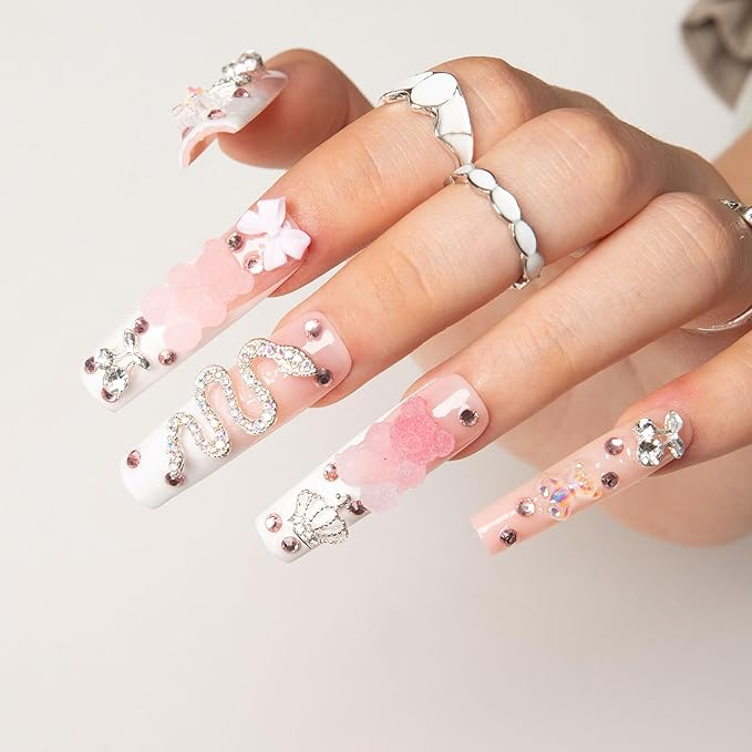 LOVFUL Press on Nails Gummy Bear Glam | Handmade with Full Covered Crystals | Reusable Fake Nails | Square Mid length 1.7in | H26-S