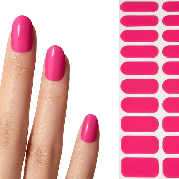 Semi Cured Gel Nail Strips - NAILOG 20 Pcs Rose Pink Nail Stickers Extra Long Wraps with Glossy Gel Finishing for Spring Summer, Cerise