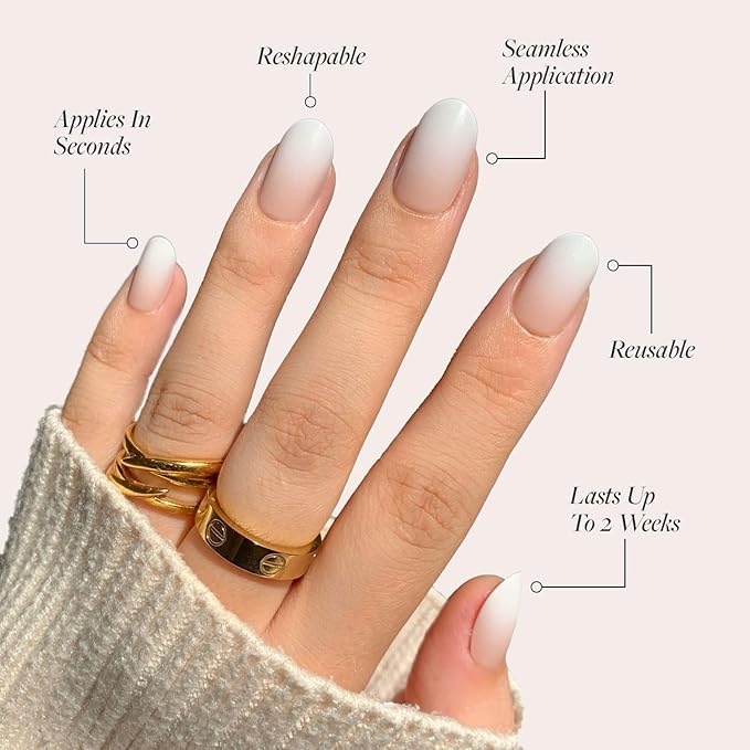 Glamnetic Press On Nails & Brush On Nail Glue Bundle - Creamer | Neutral Ombre Short Round Nails, Reusable | 15 Sizes - 30 Nail Kit with Glue
