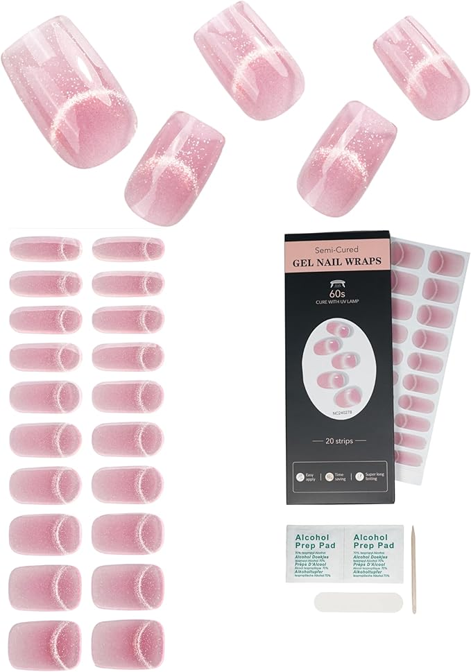 Cat Eye-Inspired 20pcs Semi Cured Gel Nail Strips - Salon-Grade DIY Wraps with Glaze Texture, Easy Application, UV Light Required for Stylish Nails