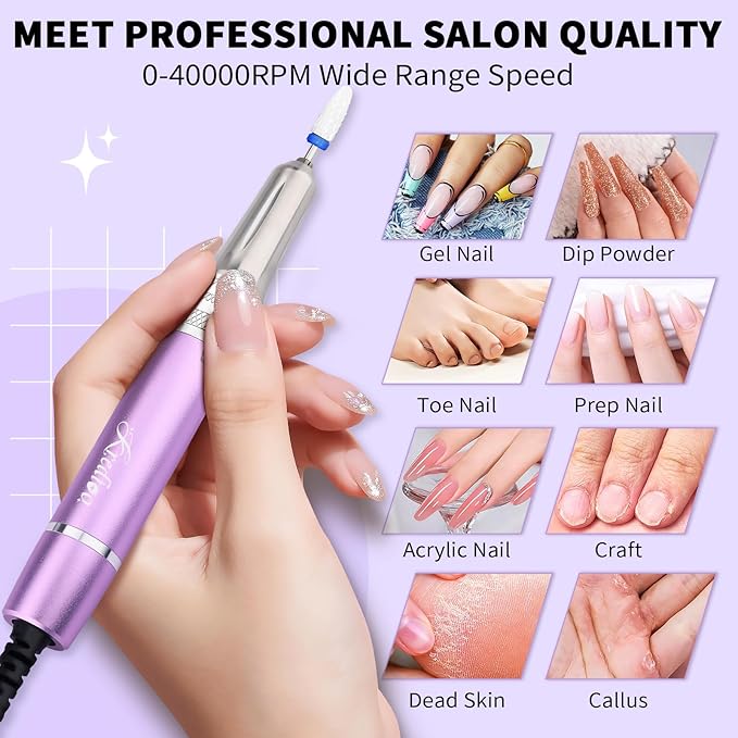 Kredioo Professional Nail Drill Brushless 40,000RPM Rechargeable 2-in-1 Portable Electric Nail File Ultra Silent Salon Must Haves Nail Tool Kit Removing Acylic Gels-Purple