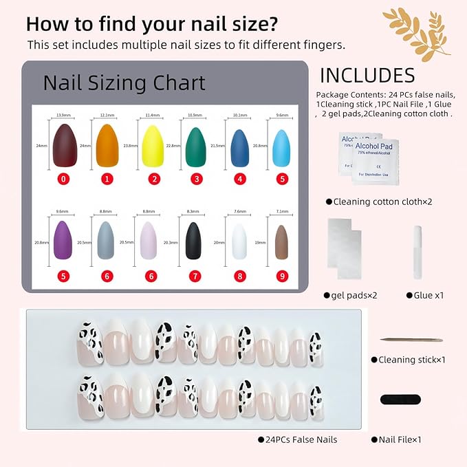 Press-On Nails Set, French Tip with Cow & Leopard Print, Medium Almond Shape, Reusable Fake Nails for Women
