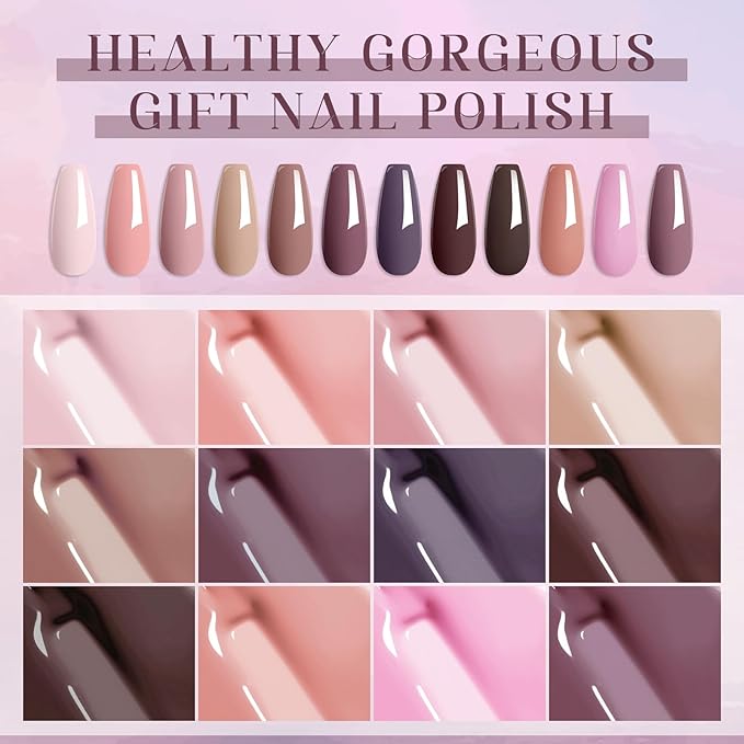 MTSSII Gel Nail Polish Kit, 12 Colors Fall Winter Pink Nude Brown Gel Polish Set Skin Tones Neutral Soak Off Gel Nail Gifts for Women Girl DIY Salon Home Manicure