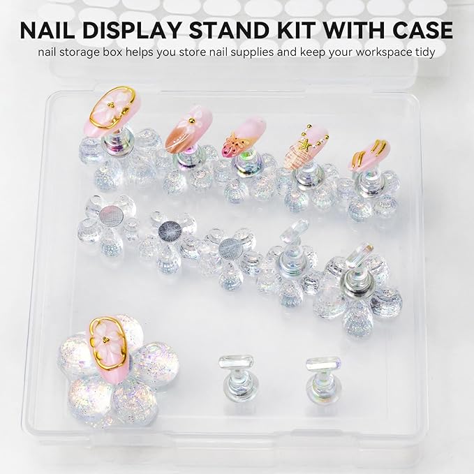 Nail Stand for Press On Fake Nails Painting Display Practice, Powerful Magnetic Nail Holder for Design, Flower Nail Stand with 200 PCS Double-Sided Tapes, Nail Tools for Home Salon (White)