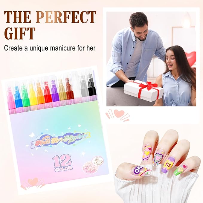 12 Color Nail Art Pens for Painting Nails 0.5mm Nail Polish Pens Set DIY Art Markers Drawing Painting Liner Brush for Gel Nails Design Doodle Pen Unique Fingernail Paint Accessories Gifts Women