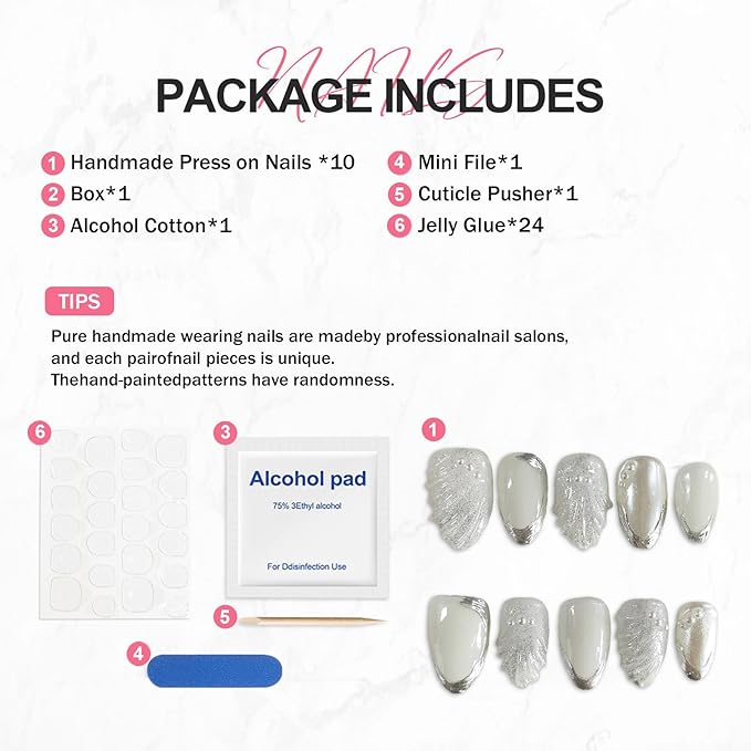 Handmade on Nails Silver French Tip Fake Nail Fish Tail Pearl Embossed Designs Short Almond Acrylic Luxury Muti-Layer Gel False Nail Full Cover Stick on Nail for Women Nails Art (Size M)