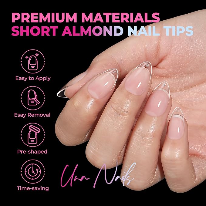UNA GELLA Short Almond Nail Tips, 510Pcs 15 Sizes Pre-Etched Soft Gel Nail Tips Almond Shape Half Matte Full Cover Clear Fake Nails Extensions for DIY & Salon Manicure Soak Off