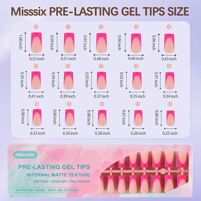 Misssix French Tip Press On Nails, 150Pcs French Gel Nail Tips, Long Square Soft Gel Fake Nails, X-BASIC Tips Starter Kit for Nail Art DIY 15 Sizes