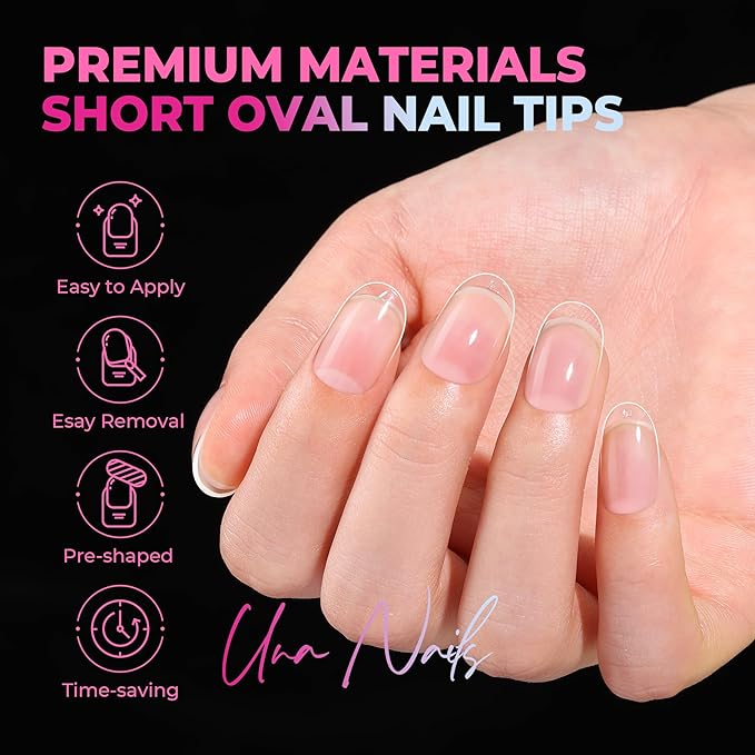 UNA GELLA Short Oval Nail Tips, 510Pcs 15 Sizes Pre-Buffed Full Cover False Nails, No File Needed Inner Matte Soft Gel Nail Tips, Clear PMMA Soak Off Acrylic Nail Extensions for DIY Home Salon