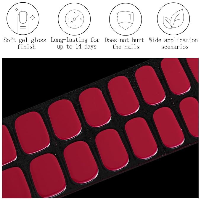 20Pcs Semi Cured Gel Nail Strips Hot Pink Gel Nail Stickers UV/LED Light Needed Full Polish Nails Wraps Glossy Nails Polish Strips for Women Includes Prep Pads, File, Wooden Cuticle Stick