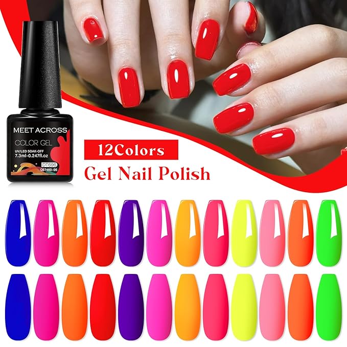 MEET ACROSS 12pcs Gel Nail Polish Set,Soak Off UV LED Lamp Gel Nail Polish Kit,Fashion Shimmer Nail Art Design Gifts for Women Manicure Salon (Neon-1)