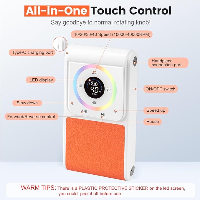 Professional Nail Drill, 40,000RPM Electric Brushless Nail Drill, Rechargeable, Portable, Touch Control, Quiet, Vibration-Free, Cordless Nail File Machine with 7PCS Drill Bits