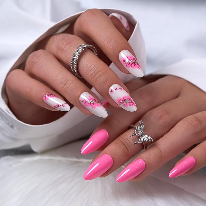 CurvLife Soft Gel Alomond Press On Nails, Long-Lasting Reusable Fake Nails Kit with Glue & Tabs, 30pcs Salon-Quality Stick On Nails for Women At-Home Manicure (Petal Muse)