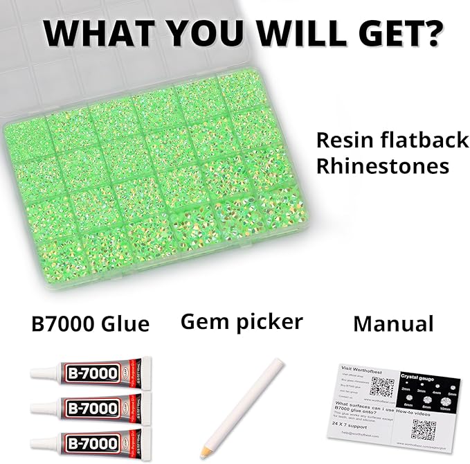 33000Pcs Lime Green Rhinestones for Bedazzling, Bedazzler Kit with Flatback Craft Rhinestones Bulk and B7000 Glue, 2,3,4,5,6mm Resin Flat Back Crystals for Craftings, Crafts, Clothes, Shoes, Nails