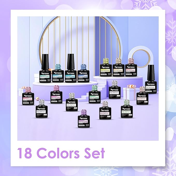 MTSSII Jelly Gel Nail Polish Set Nude Gel Polish 18 Colors Crystal Gel Polish Kit Transparent Pink Lavender Purple Blue Jelly Nail Polish Set Nail Art Gel DIY Gift