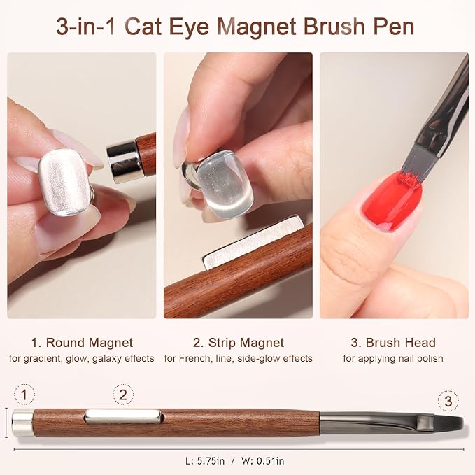 3 in 1 Cat Eye Magnet Brush Pen, Double-Ended Magnetic Wand with Brush for Cat Eye Gel Nail Polish, Heart Bunny Spiral Swirl Effect Nail Art Tools, Multifunctional Manicure Accessories